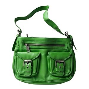 Green Leather Shoulder Bag Multiple Pockets Buckle Detail Adjustable‎ Strap Y2K